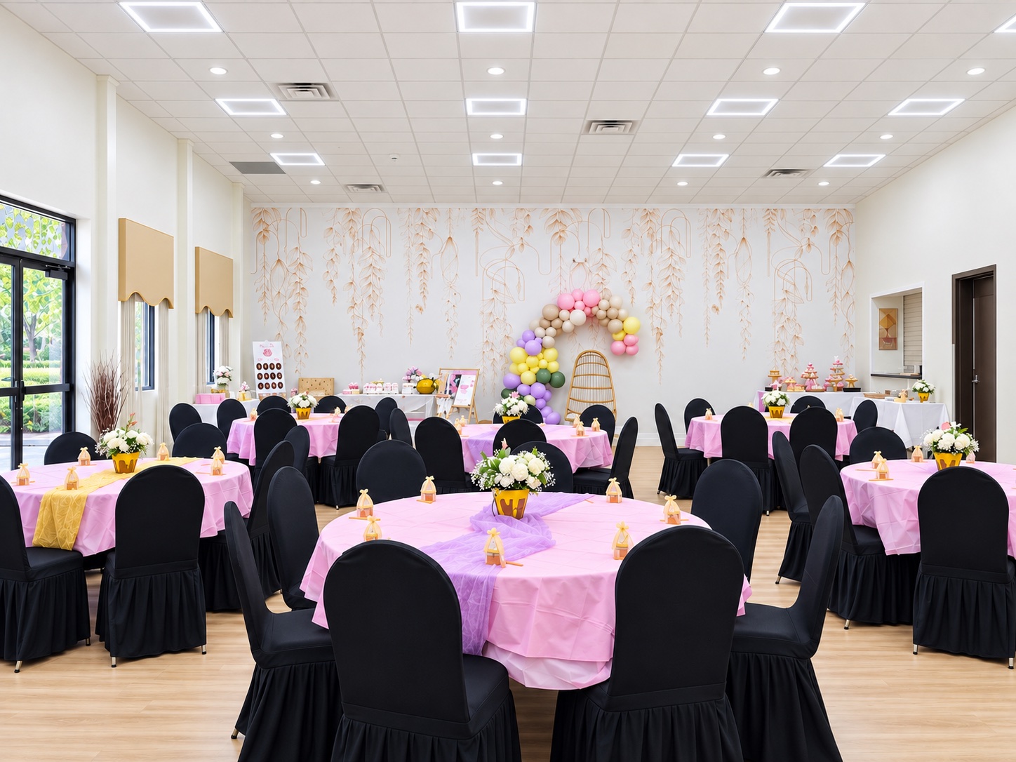 The Luxe Room with pink tables, black chairs and a pastel balloon arch
